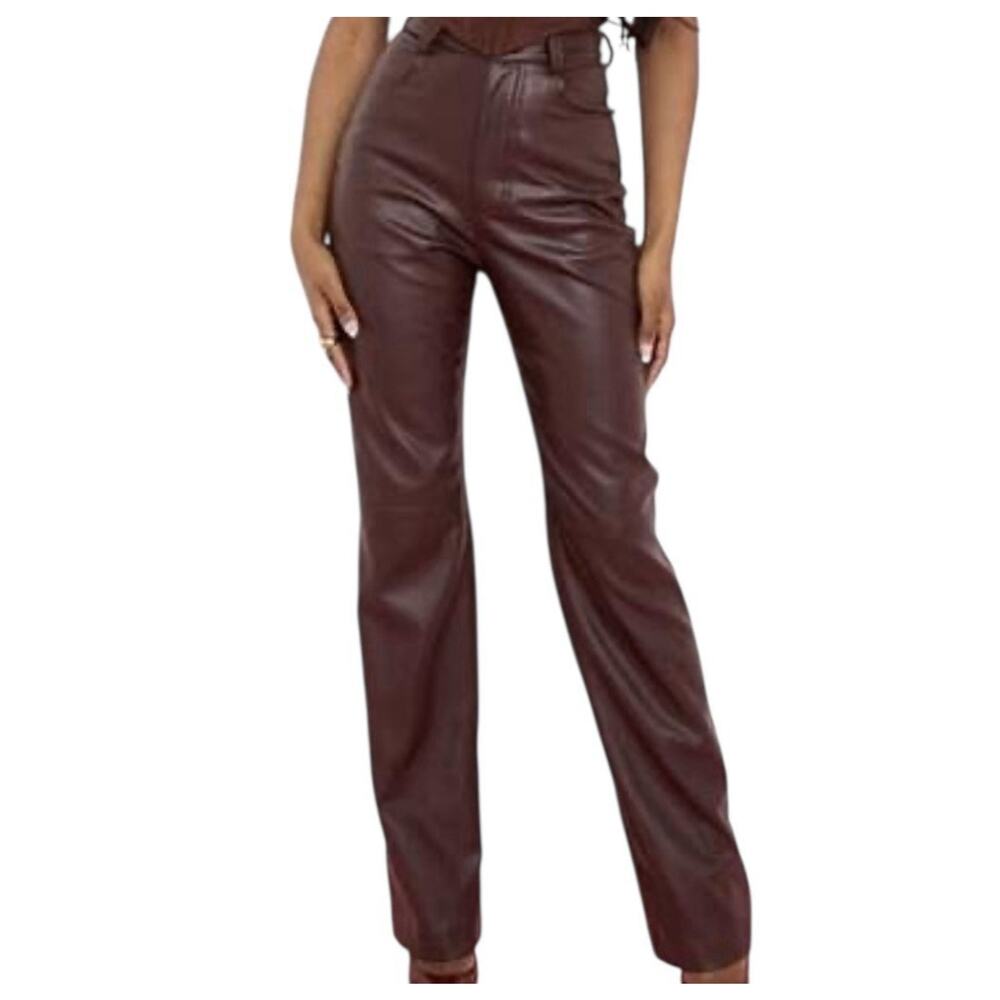 House of CB Womens Inaya Faux Leather Pants M Chocolate Straight Leg High Rise